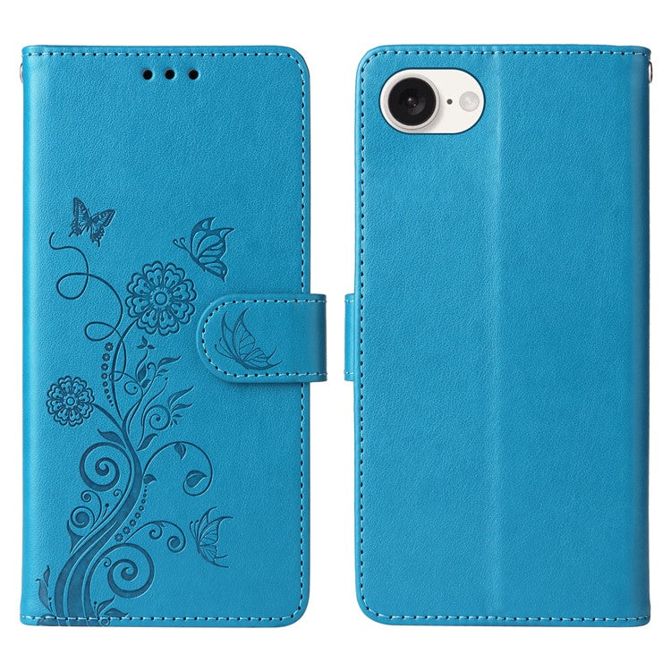 For iPhone 16e Case Butterfly Floral Imprint Wallet Stand Leather Phone Cover - Blue