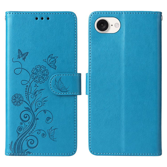 For iPhone 16e Case Butterfly Floral Imprint Wallet Stand Leather Phone Cover - Blue