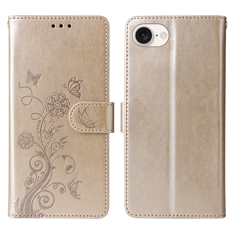 For iPhone 16e Case Butterfly Floral Imprint Wallet Stand Leather Phone Cover - Gold