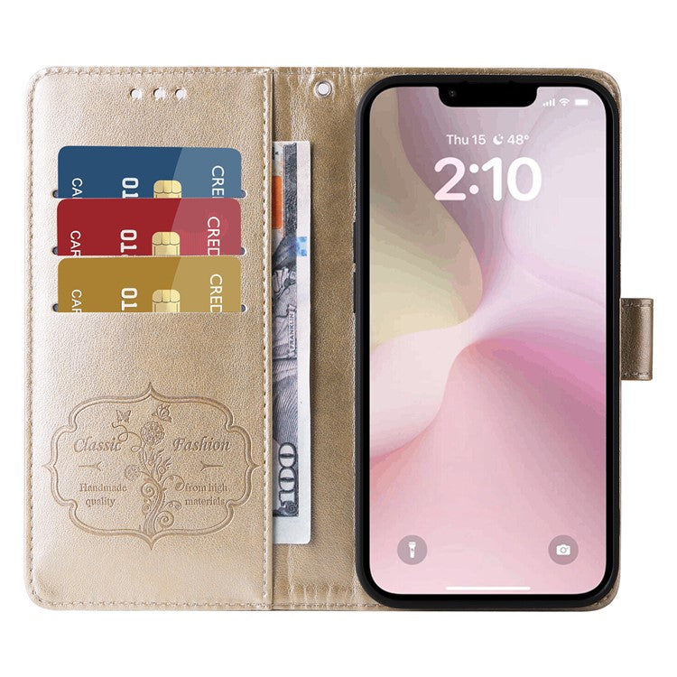 For iPhone 16e Case Butterfly Floral Imprint Wallet Stand Leather Phone Cover - Gold