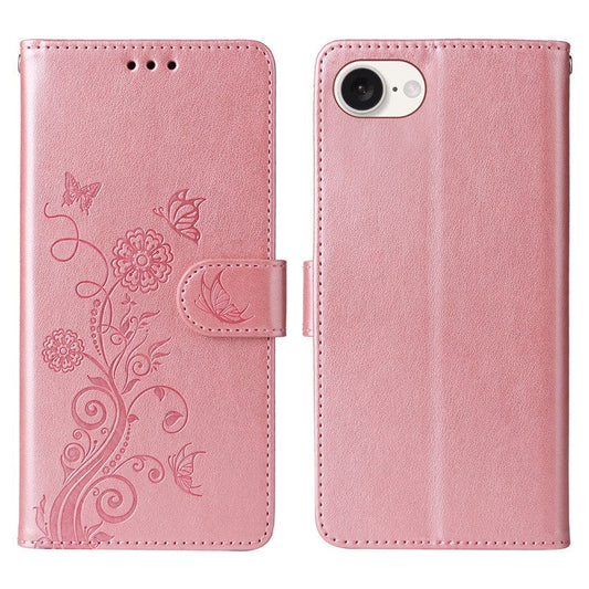 For iPhone 16e Case Butterfly Floral Imprint Wallet Stand Leather Phone Cover - Pink