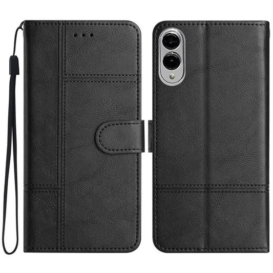 For Samsung Galaxy S25 Edge Case Line Imprinted PU Leather Wallet Phone Cover - Black