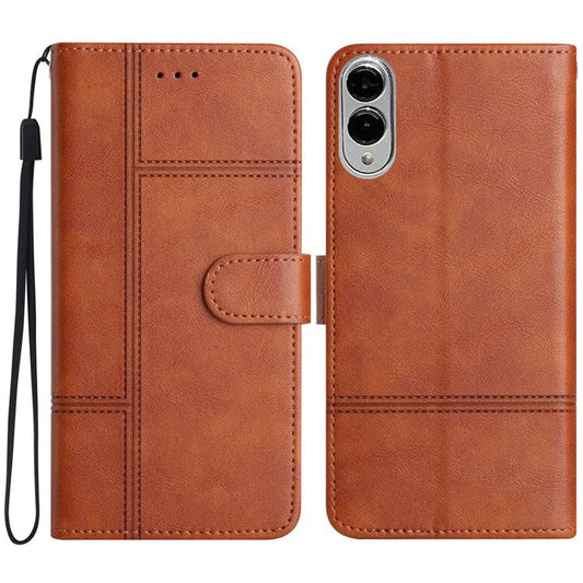 For Samsung Galaxy S25 Edge Case Line Imprinted PU Leather Wallet Phone Cover - Brown