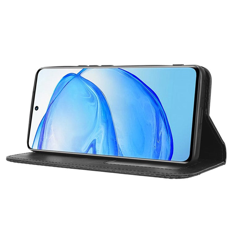 For vivo V25 Pro 5G / S15 Pro 5G Shockproof Retro Texture Phone Case Imprinted Pattern Magnetic Auto-absorbed Flip Leather Wallet Cover Stand - Black