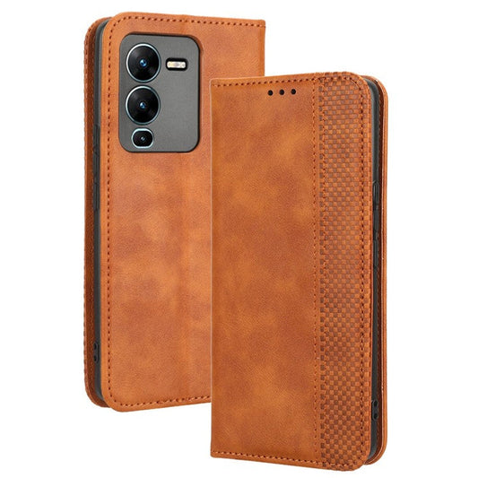 For vivo V25 Pro 5G / S15 Pro 5G Shockproof Retro Texture Phone Case Imprinted Pattern Magnetic Auto-absorbed Flip Leather Wallet Cover Stand - Brown