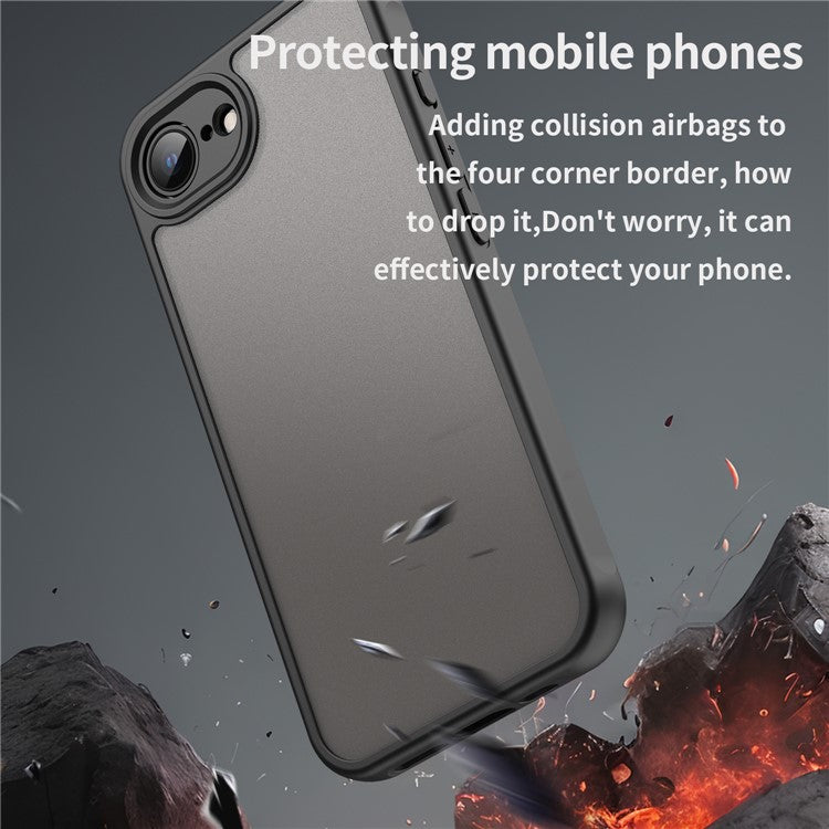 For iPhone 16e Case Drop Proof Airbags Frosted Translucent PC + TPU Phone Back Cover - Black