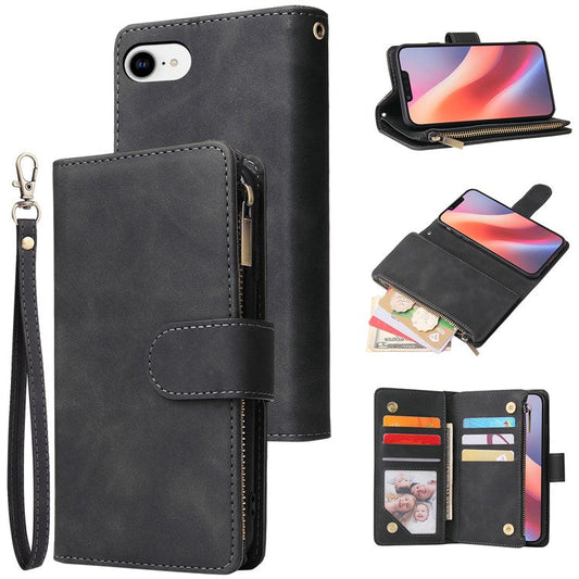 For iPhone 16e Case Zipper Wallet Multiple Card Slots Leather Phone Cover - Black