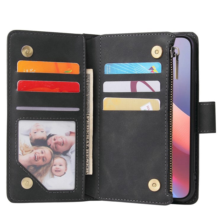 For iPhone 16e Case Zipper Wallet Multiple Card Slots Leather Phone Cover - Black