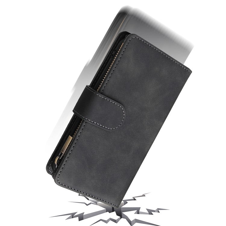 For iPhone 16e Case Zipper Wallet Multiple Card Slots Leather Phone Cover - Black