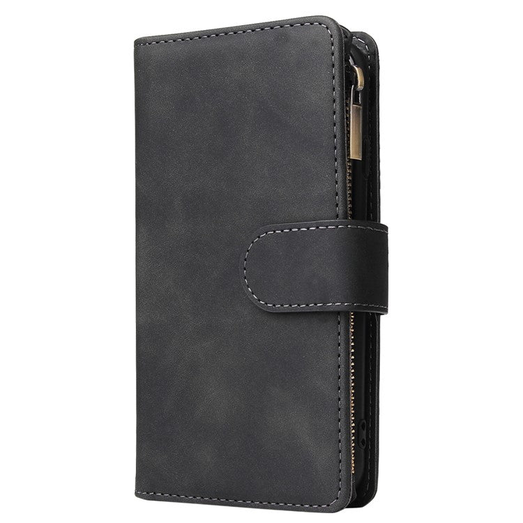 For iPhone 16e Case Zipper Wallet Multiple Card Slots Leather Phone Cover - Black