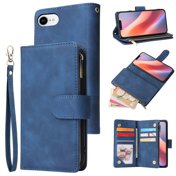 For iPhone 16e Case Zipper Wallet Multiple Card Slots Leather Phone Cover - Blue