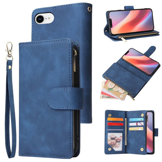 For iPhone 16e Case Zipper Wallet Multiple Card Slots Leather Phone Cover - Blue