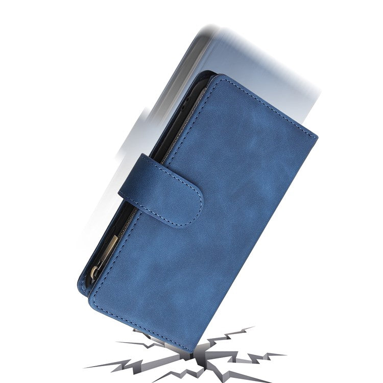 For iPhone 16e Case Zipper Wallet Multiple Card Slots Leather Phone Cover - Blue