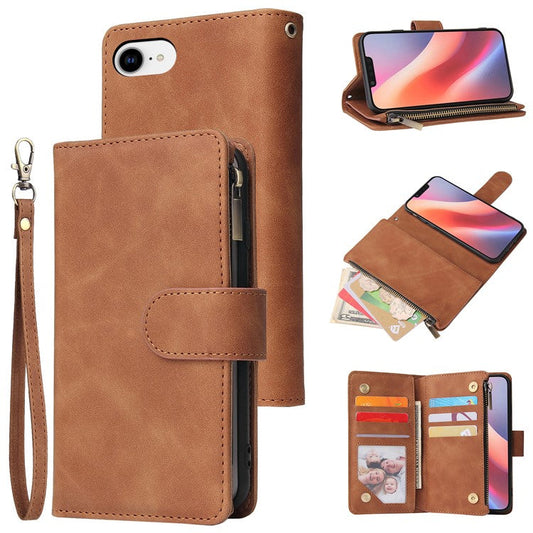 For iPhone 16e Case Zipper Wallet Multiple Card Slots Leather Phone Cover - Brown