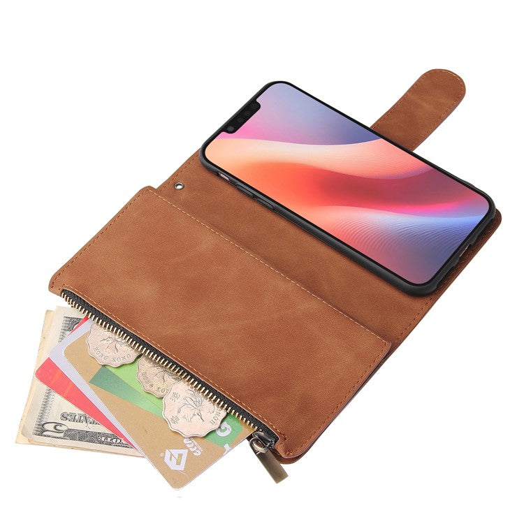 For iPhone 16e Case Zipper Wallet Multiple Card Slots Leather Phone Cover - Brown