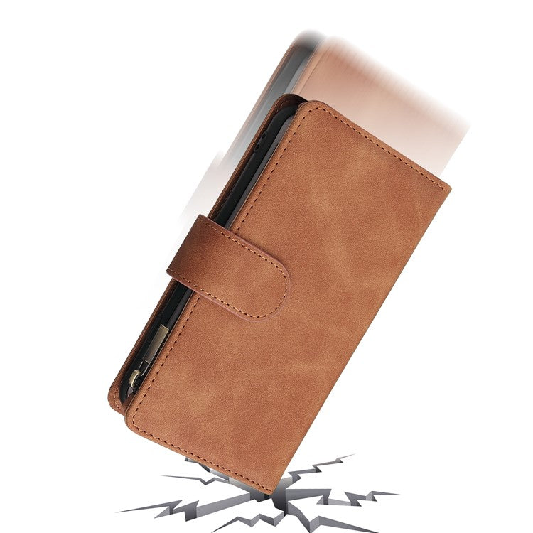 For iPhone 16e Case Zipper Wallet Multiple Card Slots Leather Phone Cover - Brown