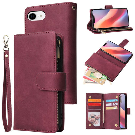 For iPhone 16e Case Zipper Wallet Multiple Card Slots Leather Phone Cover - Wine Red