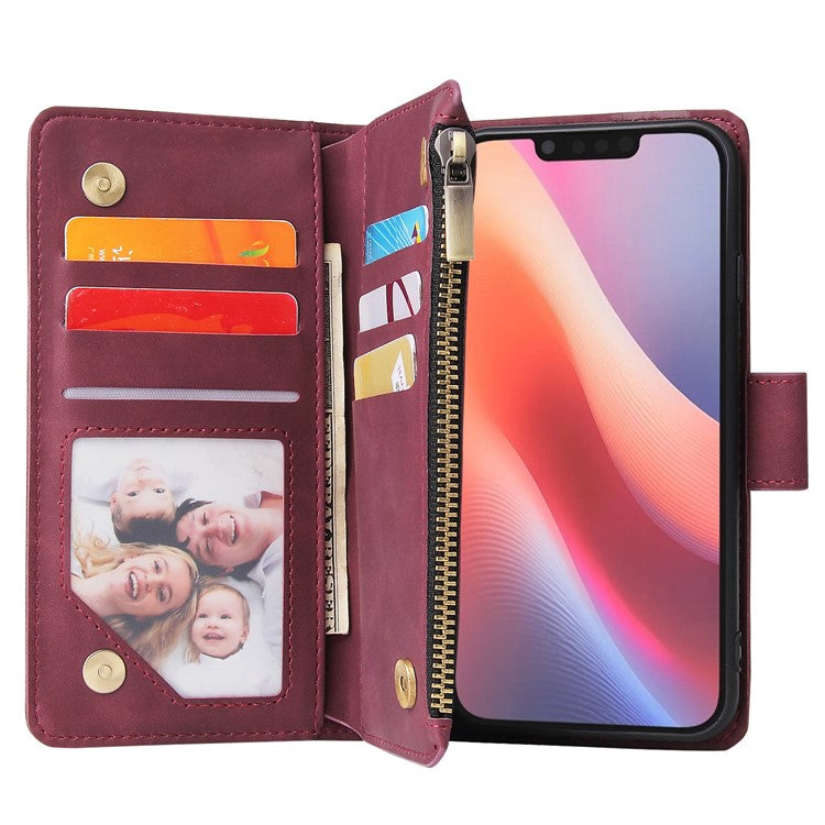 For iPhone 16e Case Zipper Wallet Multiple Card Slots Leather Phone Cover - Wine Red