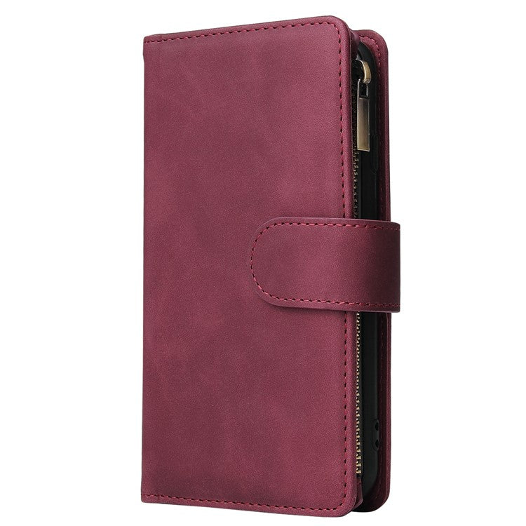 For iPhone 16e Case Zipper Wallet Multiple Card Slots Leather Phone Cover - Wine Red