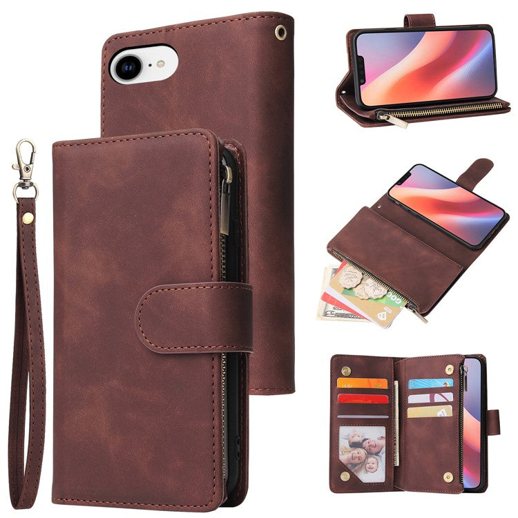 For iPhone 16e Case Zipper Wallet Multiple Card Slots Leather Phone Cover - Coffee