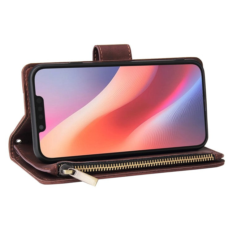 For iPhone 16e Case Zipper Wallet Multiple Card Slots Leather Phone Cover - Coffee