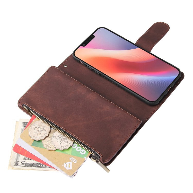 For iPhone 16e Case Zipper Wallet Multiple Card Slots Leather Phone Cover - Coffee