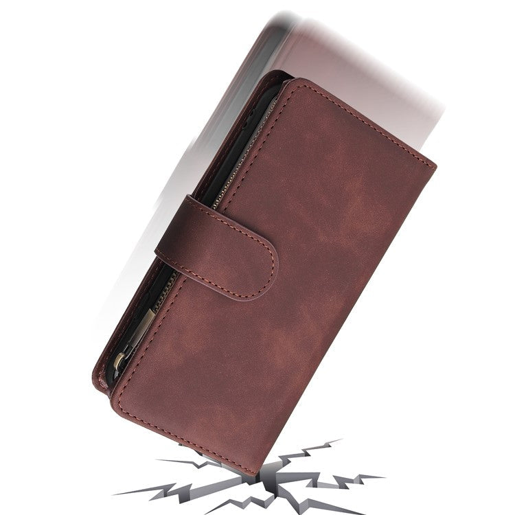 For iPhone 16e Case Zipper Wallet Multiple Card Slots Leather Phone Cover - Coffee