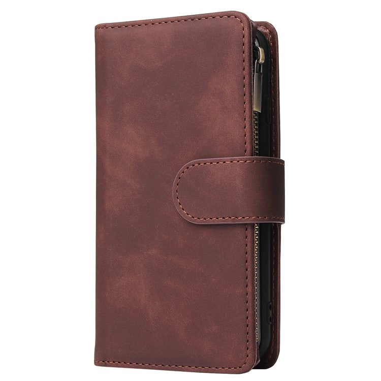For iPhone 16e Case Zipper Wallet Multiple Card Slots Leather Phone Cover - Coffee
