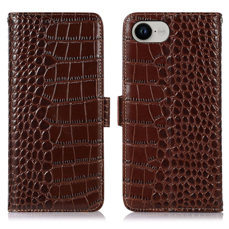 For iPhone 16e Case RFID Blocking Wallet Flip Genuine Cow Leather Phone Cover - Brown
