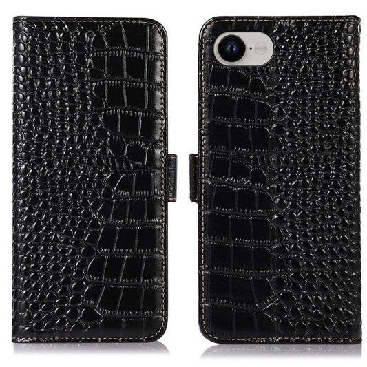 For iPhone 16e Case RFID Blocking Wallet Flip Genuine Cow Leather Phone Cover - Black