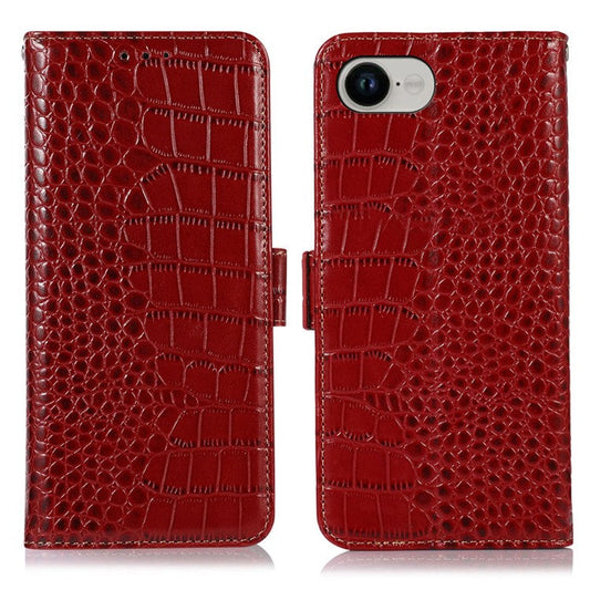 For iPhone 16e Case RFID Blocking Wallet Flip Genuine Cow Leather Phone Cover - Red