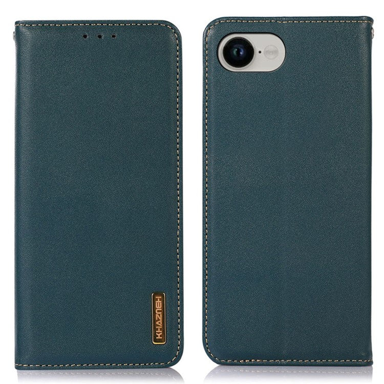 KHAZNEH For iPhone 16e Case Wallet Genuine Cow Leather Phone Cover Nappa Texture - Green
