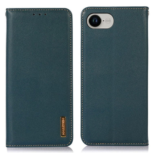 KHAZNEH For iPhone 16e Case Wallet Genuine Cow Leather Phone Cover Nappa Texture - Green