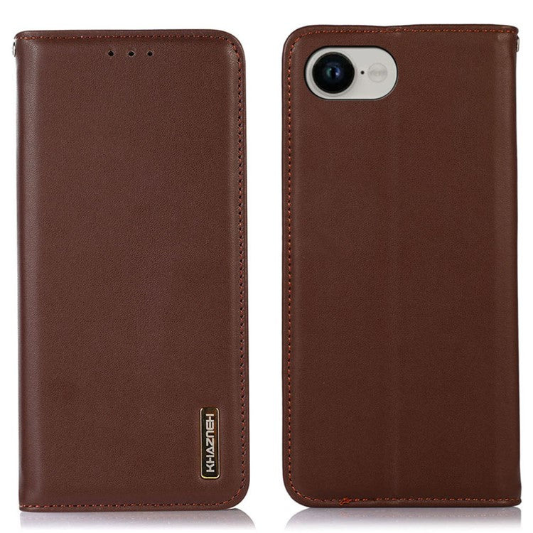 KHAZNEH For iPhone 16e Case Wallet Genuine Cow Leather Phone Cover Nappa Texture - Brown