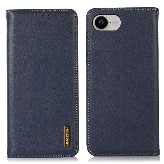 KHAZNEH For iPhone 16e Case Wallet Genuine Cow Leather Phone Cover Nappa Texture - Blue