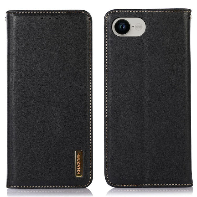 KHAZNEH For iPhone 16e Case Wallet Genuine Cow Leather Phone Cover Nappa Texture - Black