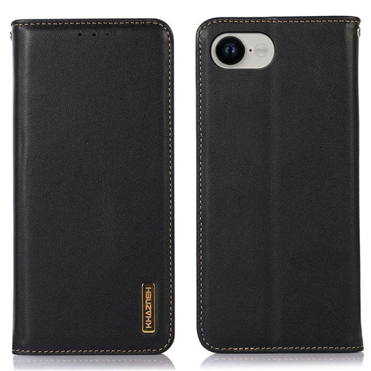 KHAZNEH For iPhone 16e Case Wallet Genuine Cow Leather Phone Cover Nappa Texture - Black