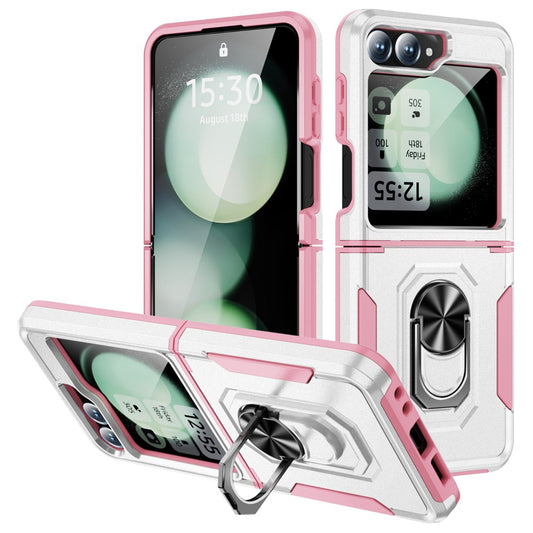 For Samsung Galaxy Z Flip7 FE 5G / Z Flip6 5G Case Military Grade Ring Kickstand PC + TPU Phone Cover - White + Pink