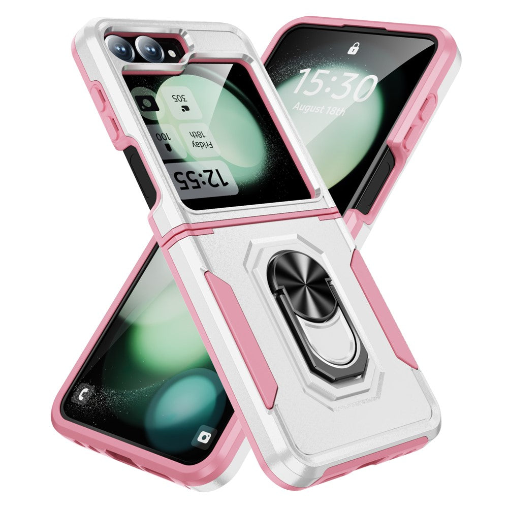 For Samsung Galaxy Z Flip7 FE 5G / Z Flip6 5G Case Military Grade Ring Kickstand PC + TPU Phone Cover - White + Pink