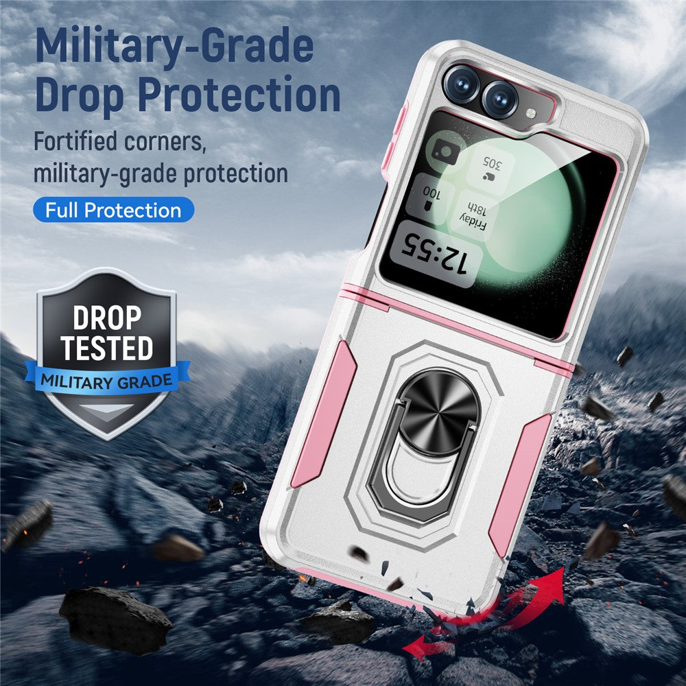 For Samsung Galaxy Z Flip7 FE 5G / Z Flip6 5G Case Military Grade Ring Kickstand PC + TPU Phone Cover - White + Pink