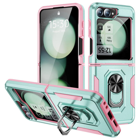 For Samsung Galaxy Z Flip7 FE 5G / Z Flip6 5G Case Military Grade Ring Kickstand PC + TPU Phone Cover - Green + Pink