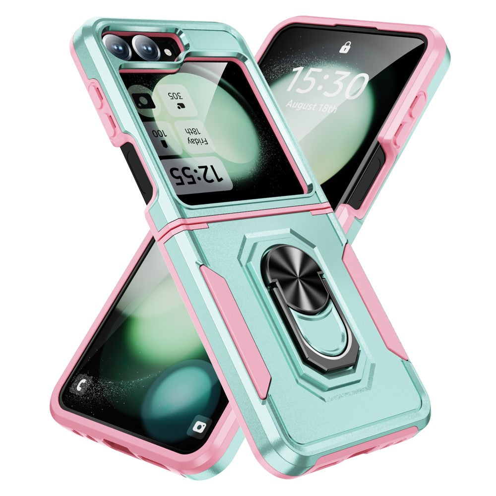 For Samsung Galaxy Z Flip7 FE 5G / Z Flip6 5G Case Military Grade Ring Kickstand PC + TPU Phone Cover - Green + Pink