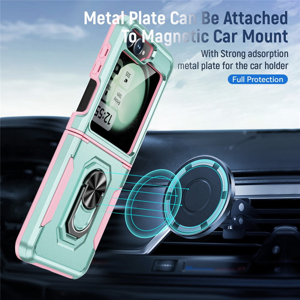 For Samsung Galaxy Z Flip7 FE 5G / Z Flip6 5G Case Military Grade Ring Kickstand PC + TPU Phone Cover - Green + Pink