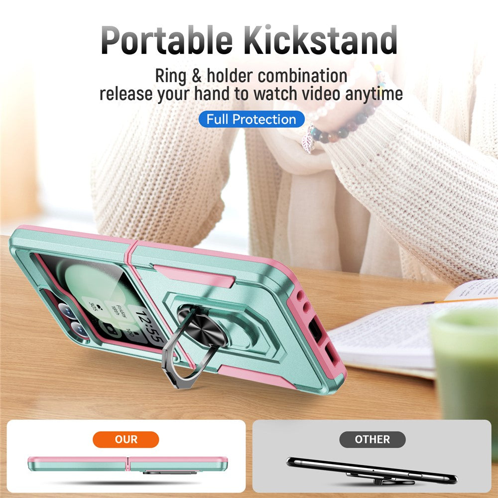 For Samsung Galaxy Z Flip7 FE 5G / Z Flip6 5G Case Military Grade Ring Kickstand PC + TPU Phone Cover - Green + Pink