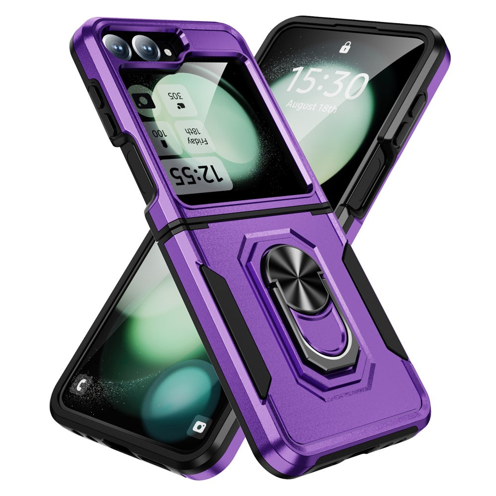 For Samsung Galaxy Z Flip7 FE 5G / Z Flip6 5G Case Military Grade Ring Kickstand PC + TPU Phone Cover - Purple + Black