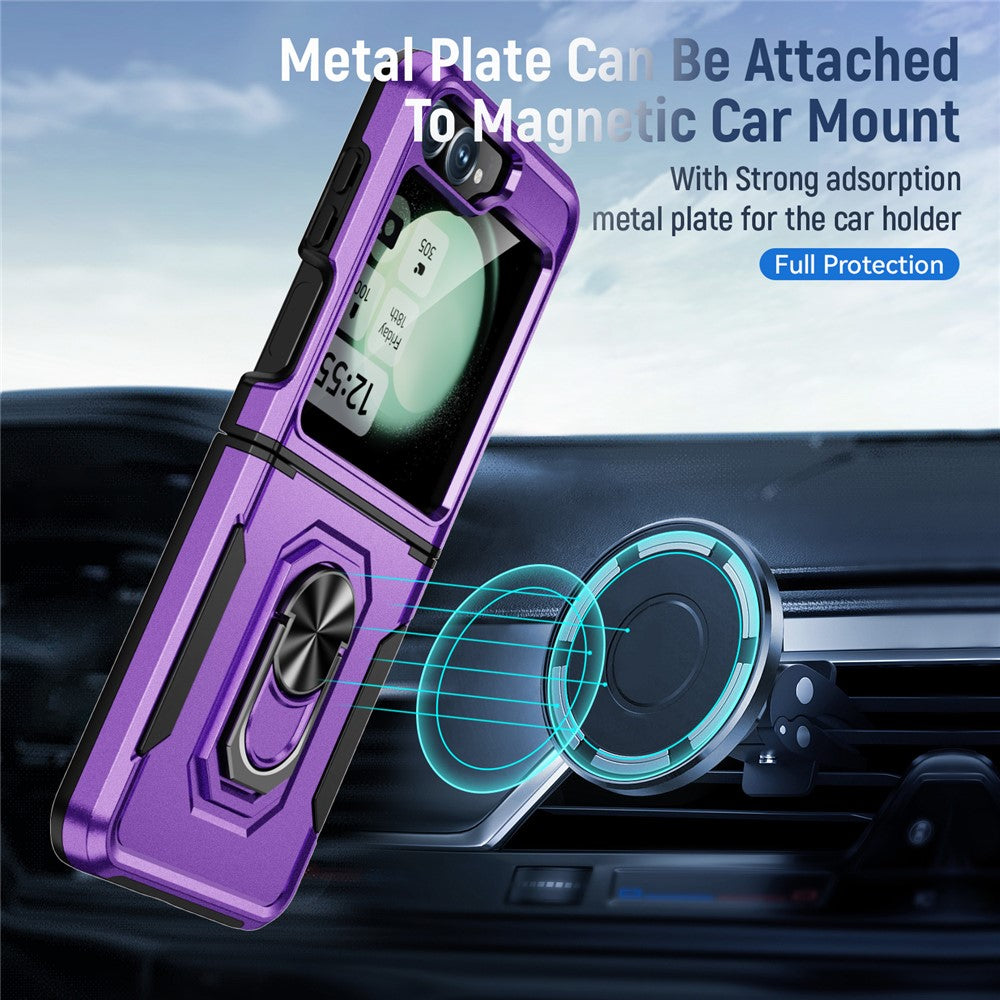 For Samsung Galaxy Z Flip7 FE 5G / Z Flip6 5G Case Military Grade Ring Kickstand PC + TPU Phone Cover - Purple + Black