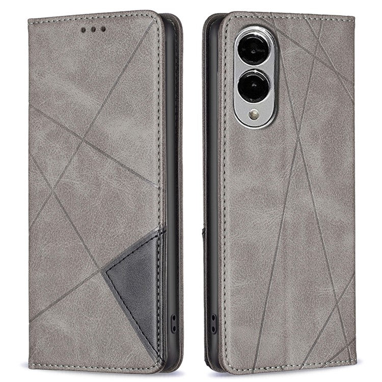 For Samsung Galaxy S25 Edge Case Card Slots Geometry Imprint Leather Phone Cover - Grey