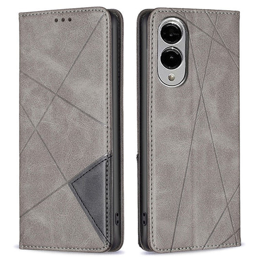 For Samsung Galaxy S25 Edge Case Card Slots Geometry Imprint Leather Phone Cover - Grey