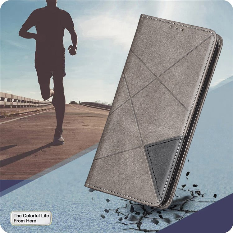 For Samsung Galaxy S25 Edge Case Card Slots Geometry Imprint Leather Phone Cover - Grey