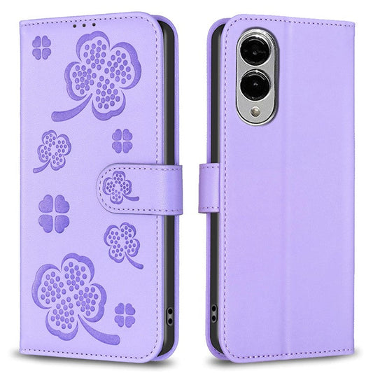 For Samsung Galaxy S25 Edge Case Clover Pattern Wallet Stand View Leather Phone Cover - Purple